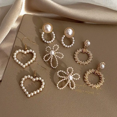 4pair/Set Women Retro Pearl Decorative Geometry Earrings Set