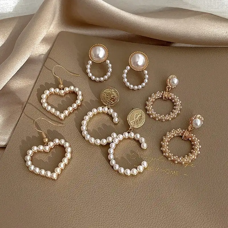 4pair/Set Women Retro Pearl Decorative Geometry Earrings Set