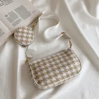 2 In 1 Women Casual Design Houndstooth Color Blocking Large Capacity Hobo Shoulder Handle Bag