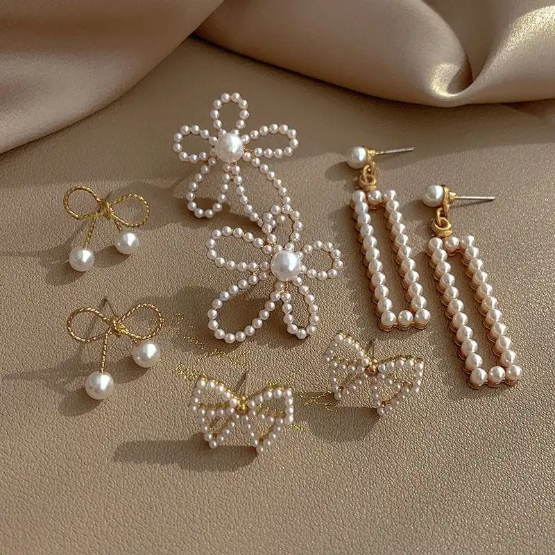 4pair/Set Women Retro Pearl Decorative Geometry Earrings Set