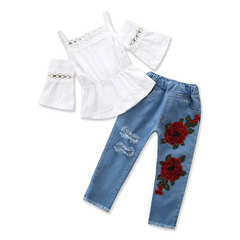 Girls Fashion Solid Color Cool-Shoulder Tops And Flower Pattern Hole Design Jeans Set