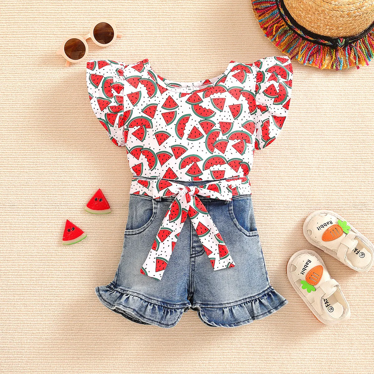 Kids Girl Cute Flamingo Top Denim Shorts Two-Piece Set