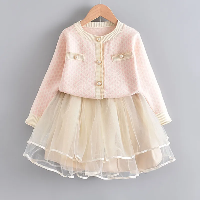 Girls Single Row Button Tops And Gauze Design Skirt Two-Piece Set