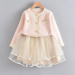 Girls Single Row Button Tops And Gauze Design Skirt Two-Piece Set