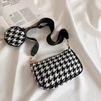 2 In 1 Women Casual Design Houndstooth Color Blocking Large Capacity Hobo Shoulder Handle Bag