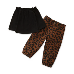 Girls Basic Solid Color Off-The-Shoulder Top And Tie-Dye Leopard Pants Set