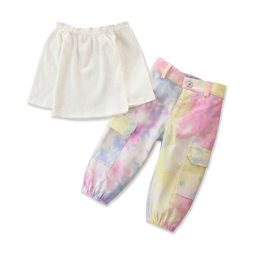 Girls Basic Solid Color Off-The-Shoulder Top And Tie-Dye Leopard Pants Set