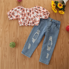 Girls Daisy Print Crop Top And Ripped Design Jeans Set