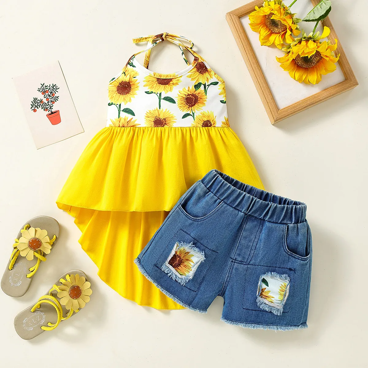 Children Kids Baby Fashion Girls Sunflower Sleeveless Suspenders Top And Denim Shorts 2pcs Set