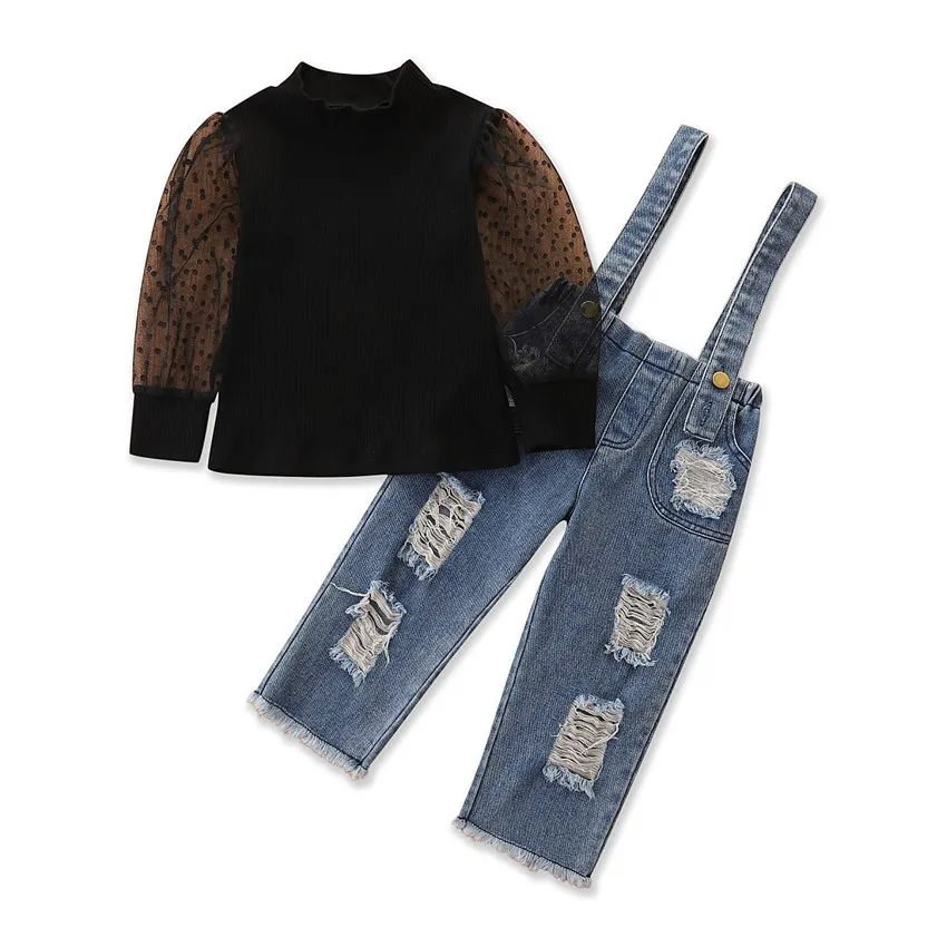 Girls Basic Long Sleeve Lace Top And Hole Design Denim Suspender Trousers Set