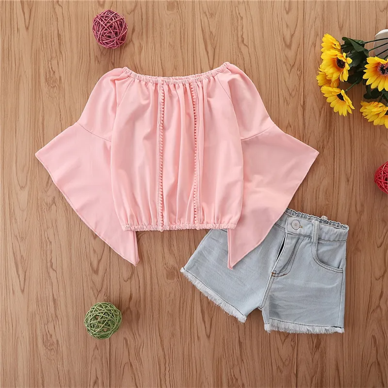 Girls Fashion Irregular Horn Sleeve Tops And Denim Shorts Set