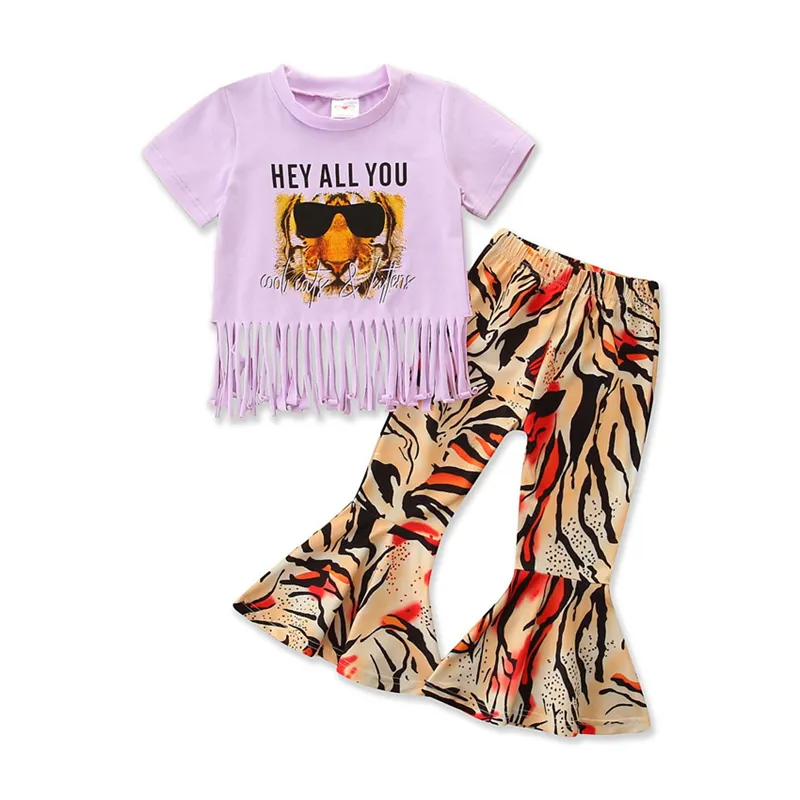 Girls Fashion Tiger Pattern Tassels Design T-Shirt And Pants Set