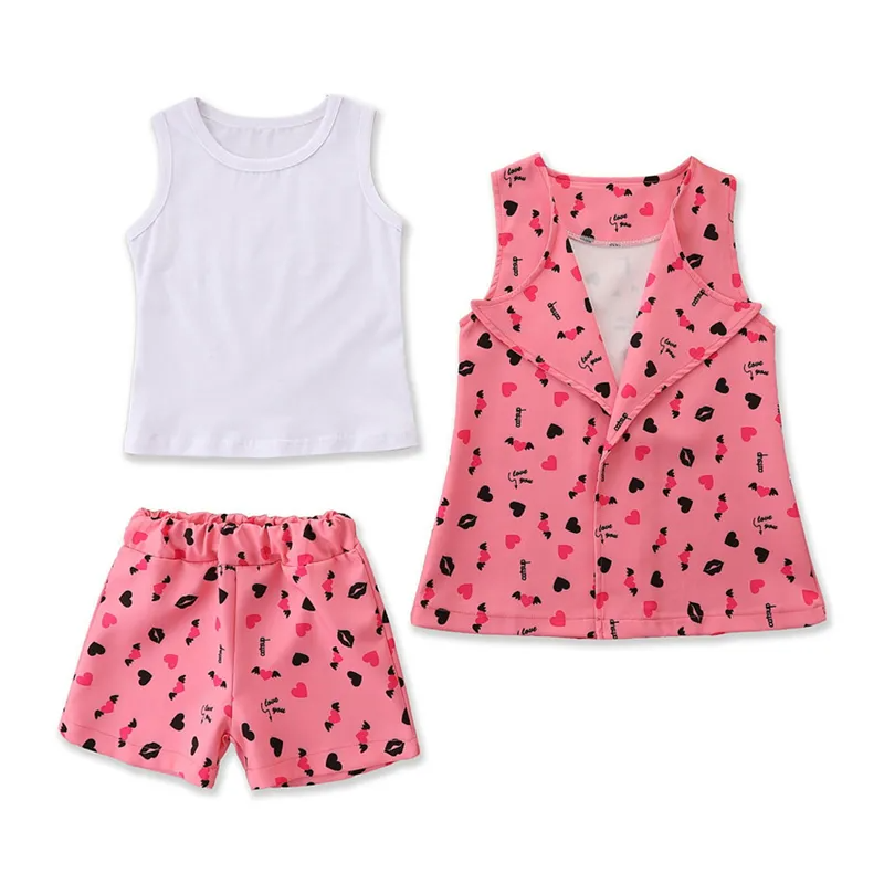 Girls Fashion Solid Color Vest Heart Pattern Waistcoat And Shorts