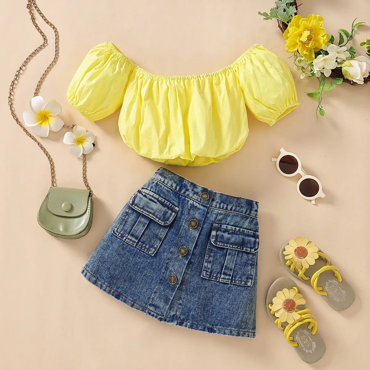 Children Kids Baby Fashion Girls Short Sleeve Tube Top And Denim Skirt 2pcs Set