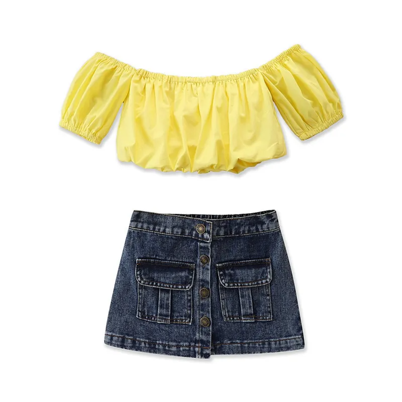 Girls Fashion Solid Color Off-The-Shoulder Tops And Denim Skirt Set