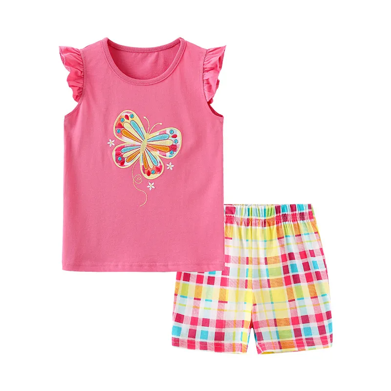 Kids Toddler Girls Casual Cute Butterfly Embroidery Fluttering Sleeve Round Neck T-Shirt Plaid Print Shorts Set