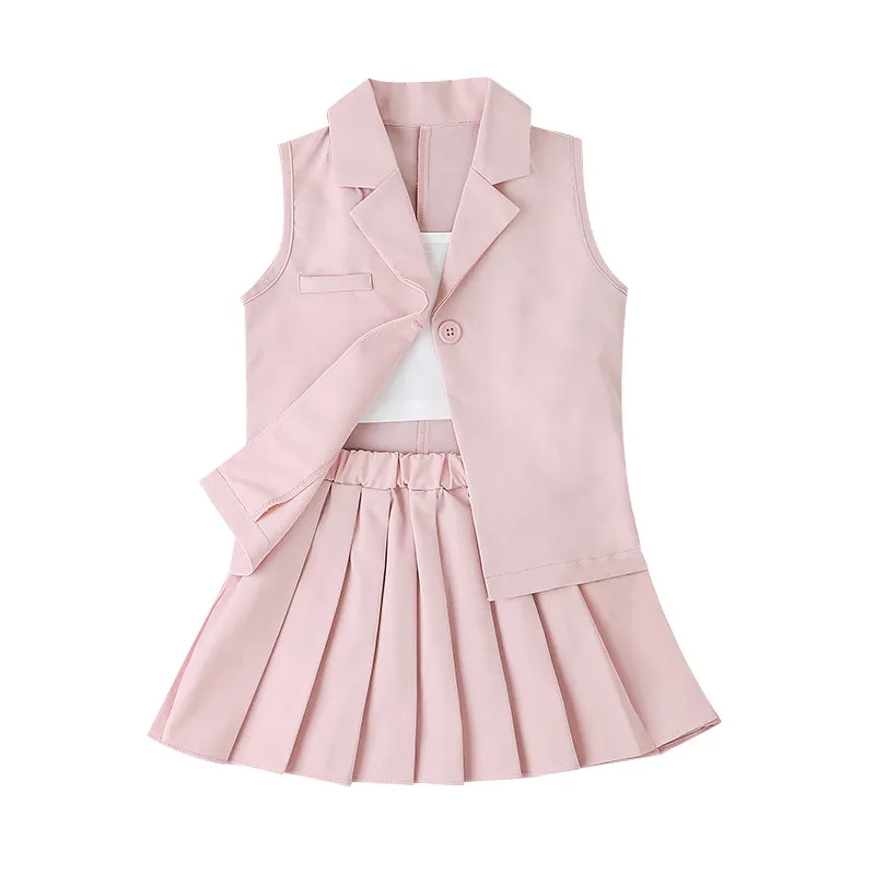 Children Kids Toddlers Fashion Girls Solid Color Sleeveless Jacket And Sling T-Shirt Pleated Skirt 3pcs Set