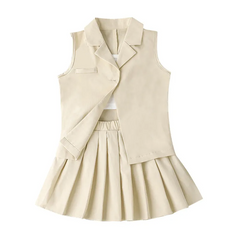 Children Kids Toddlers Fashion Girls Solid Color Sleeveless Jacket And Sling T-Shirt Pleated Skirt 3pcs Set