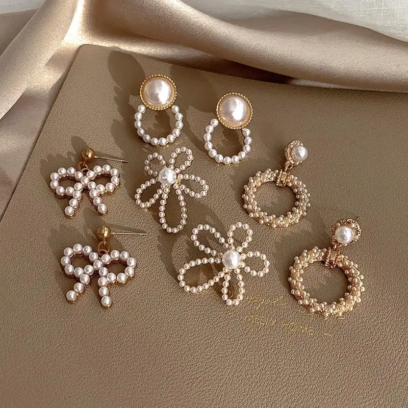 4pair/Set Women Retro Pearl Decorative Geometry Earrings Set