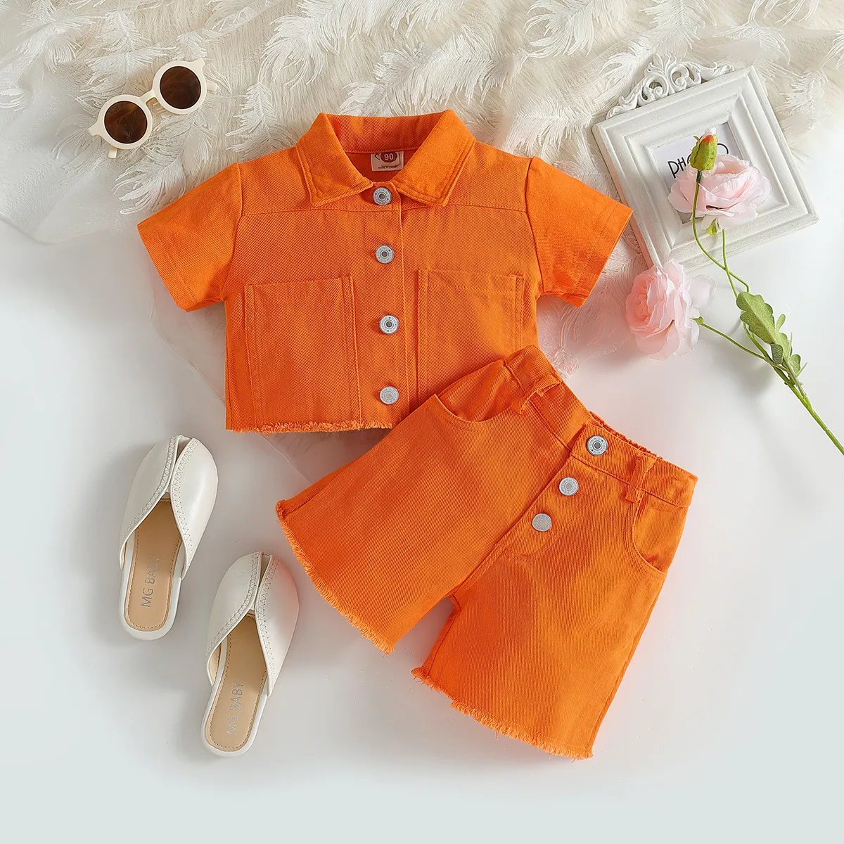 Kids Baby Toddler Girls Fashion Casual Solid Color Denim Jacket And Shorts Two-Piece Set