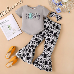 Children Kids Baby Fashion Girls Short Sleeve Cow Print Top And Flared Pants Set