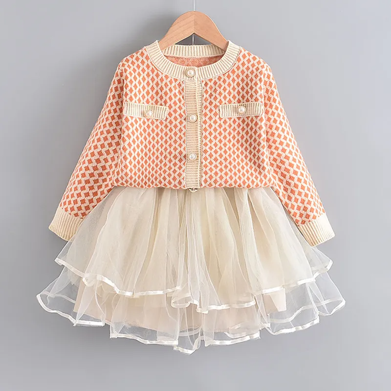 Girls Single Row Button Tops And Gauze Design Skirt Two-Piece Set