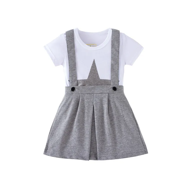 Children Kids Baby Fashion Girls Basic Casual Short Sleeve Star Print T-Shirt And Overalls 2pcs Set