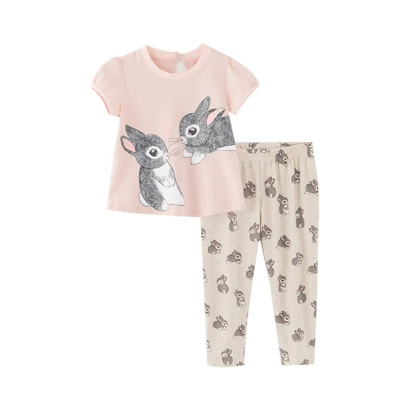 Children Kids Baby Fashion Girls Basic Casual Short Sleeve Cartoon Rabbit Print T-Shirt And Pants 2pcs Set