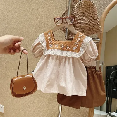 Kids Toddler Girls Fashion Casual Cute Solid Color Embroidery Floral U Neck Shorts Dress Set