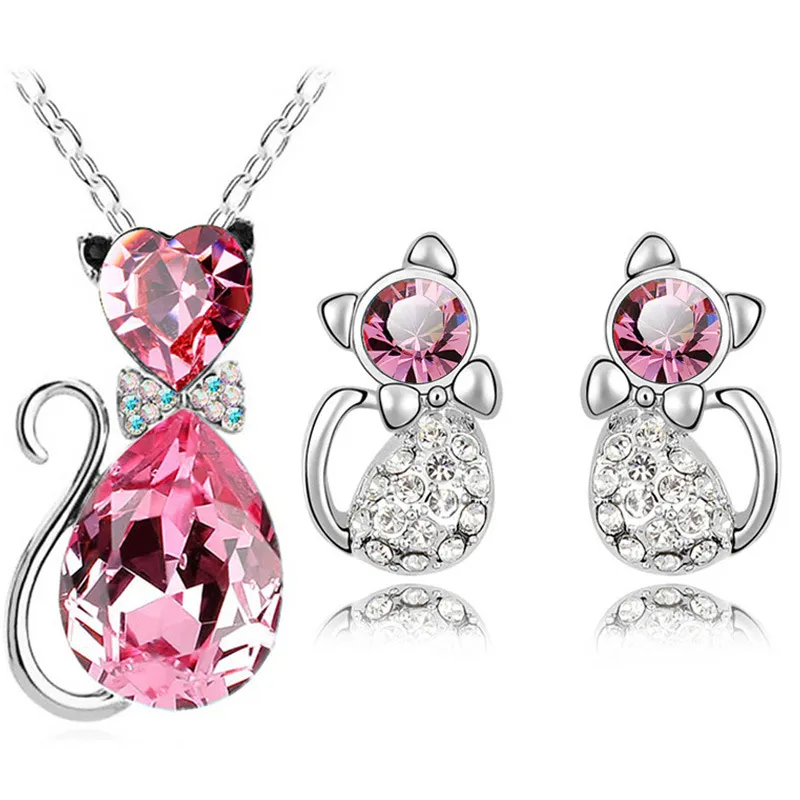 2PCS Fashion Rhinestones Decoration Cat-Shaped Necklace Earrings Set