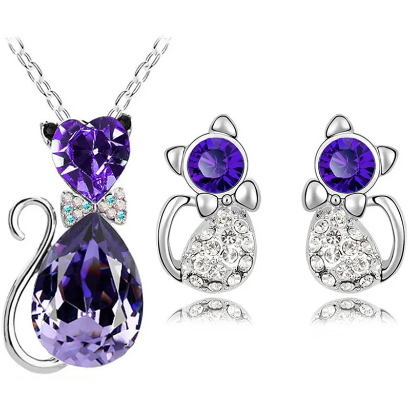 2PCS Fashion Rhinestones Decoration Cat-Shaped Necklace Earrings Set