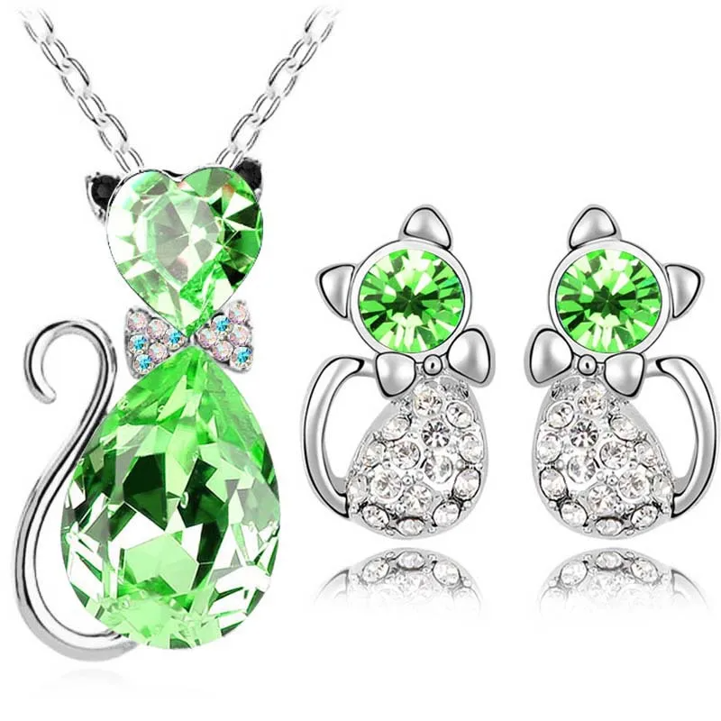 2PCS Fashion Rhinestones Decoration Cat-Shaped Necklace Earrings Set