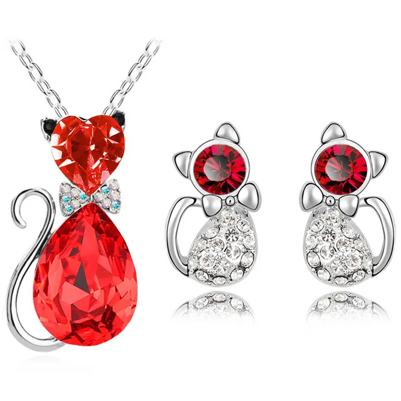 2PCS Fashion Rhinestones Decoration Cat-Shaped Necklace Earrings Set