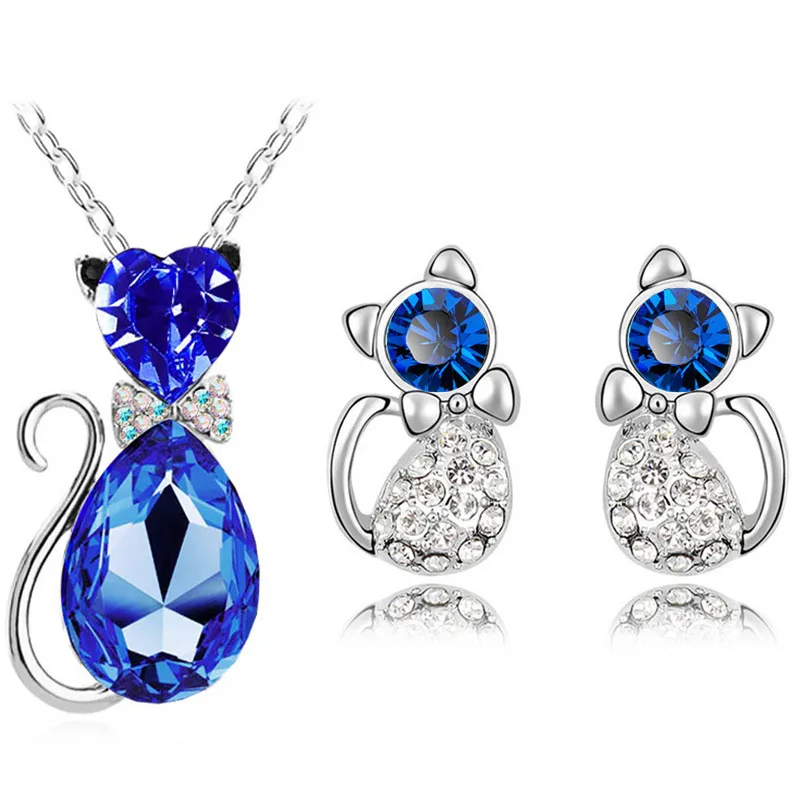 2PCS Fashion Rhinestones Decoration Cat-Shaped Necklace Earrings Set