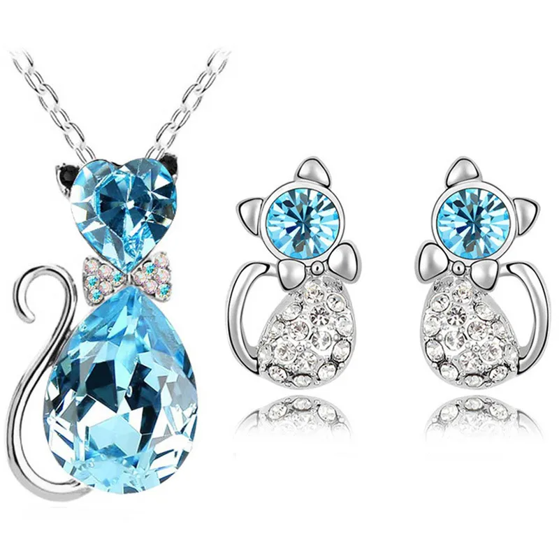 2PCS Fashion Rhinestones Decoration Cat-Shaped Necklace Earrings Set