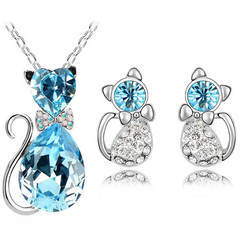 2PCS Fashion Rhinestones Decoration Cat-Shaped Necklace Earrings Set