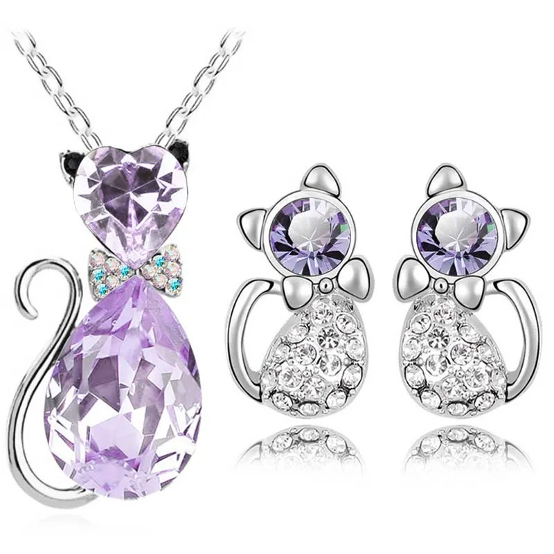 2PCS Fashion Rhinestones Decoration Cat-Shaped Necklace Earrings Set