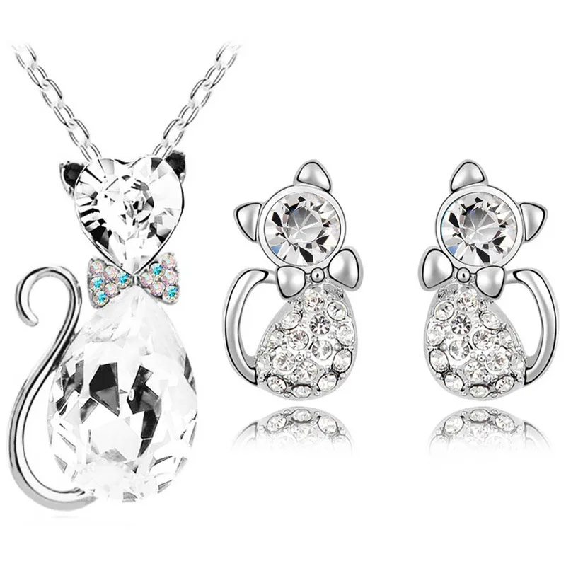 2PCS Fashion Rhinestones Decoration Cat-Shaped Necklace Earrings Set