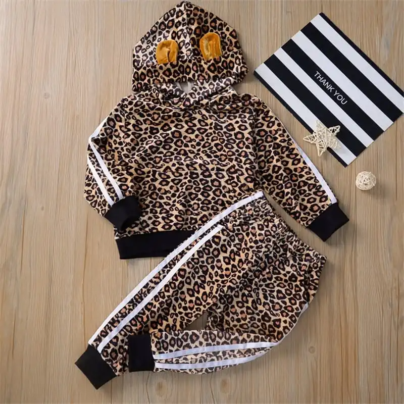 Kids Long-Sleeves Ear Design Leopard Printed Hoodie And Pants Set