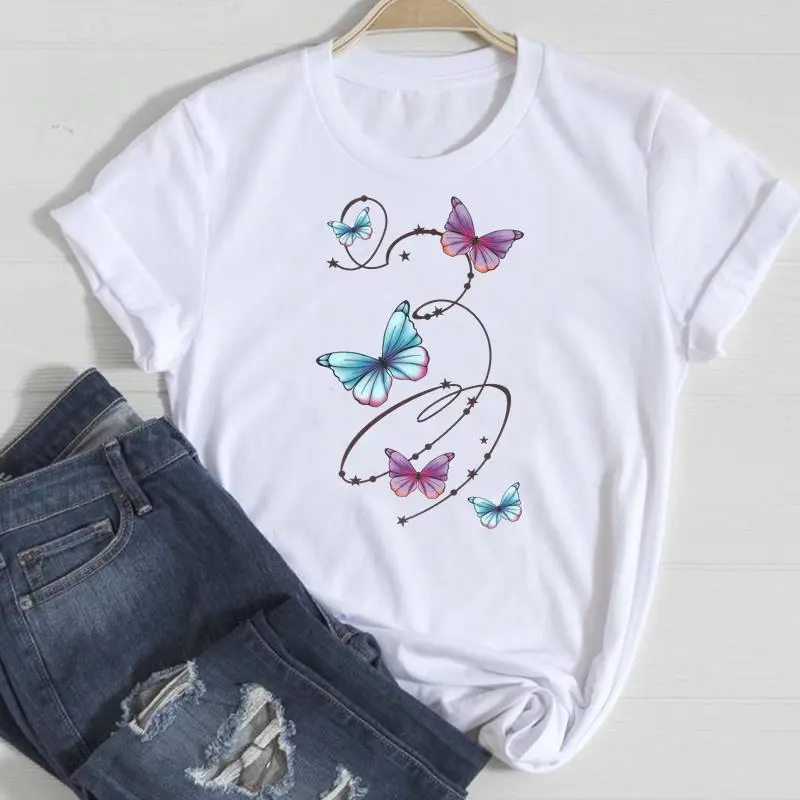 Basic Women Fashion Casual Butterfly Print Round Neck Short Sleeve T-Shirt