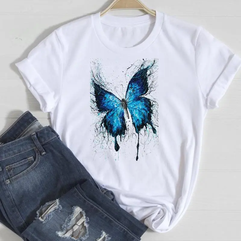 Basic Women Fashion Casual Butterfly Print Round Neck Short Sleeve T-Shirt