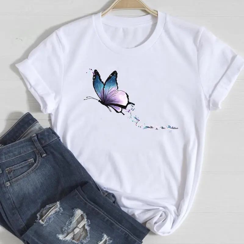 Basic Women Fashion Casual Butterfly Print Round Neck Short Sleeve T-Shirt