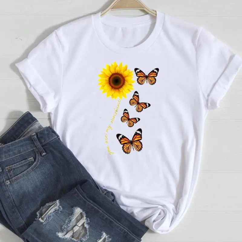 Basic Women Fashion Casual Butterfly Print Round Neck Short Sleeve T-Shirt