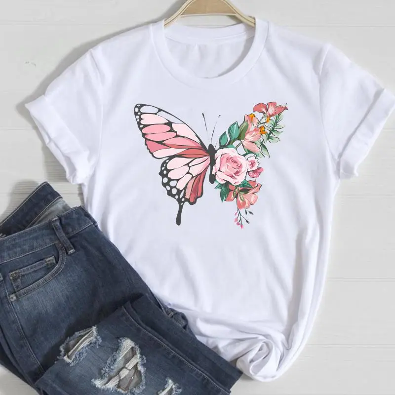 Basic Women Fashion Casual Butterfly Print Round Neck Short Sleeve T-Shirt