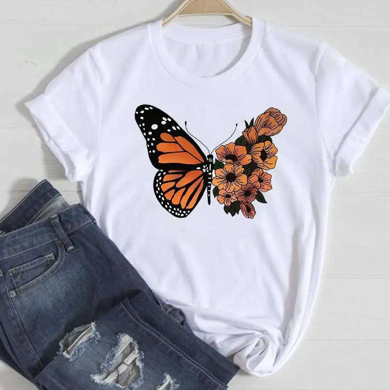 Basic Women Fashion Casual Butterfly Print Round Neck Short Sleeve T-Shirt