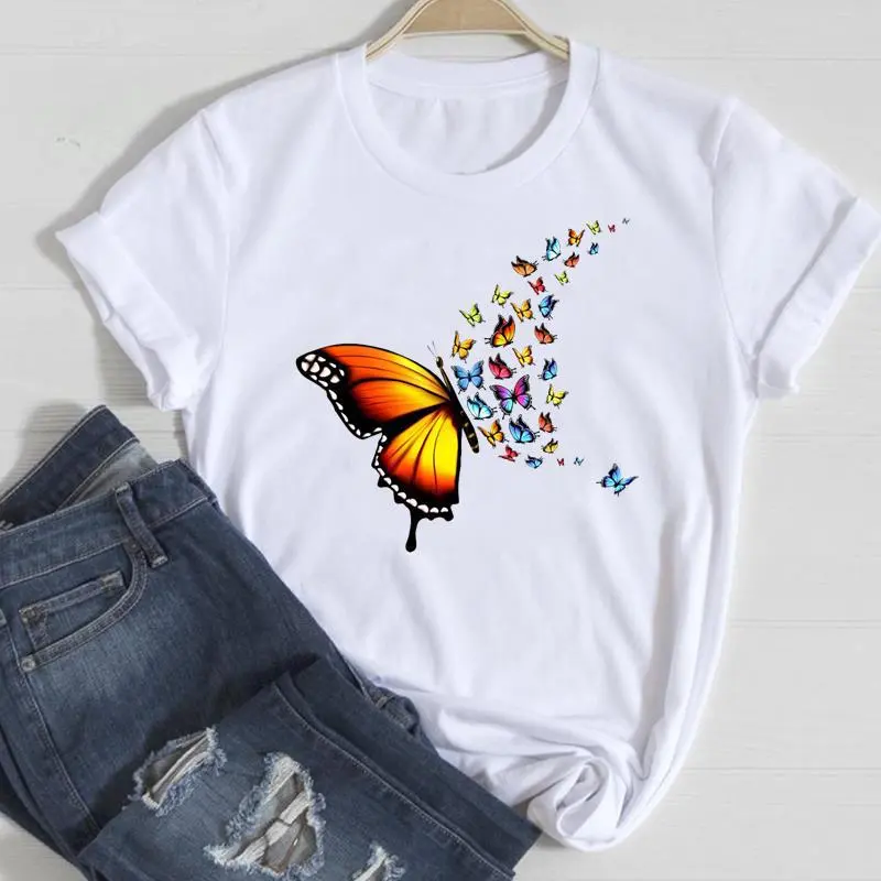 Basic Women Fashion Casual Butterfly Print Round Neck Short Sleeve T-Shirt