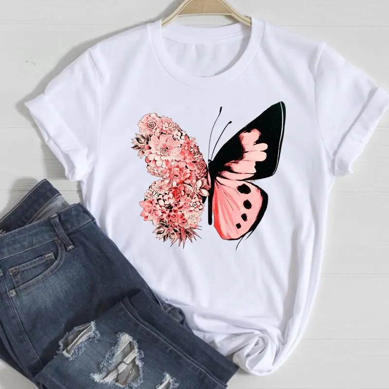 Basic Women Fashion Casual Butterfly Print Round Neck Short Sleeve T-Shirt