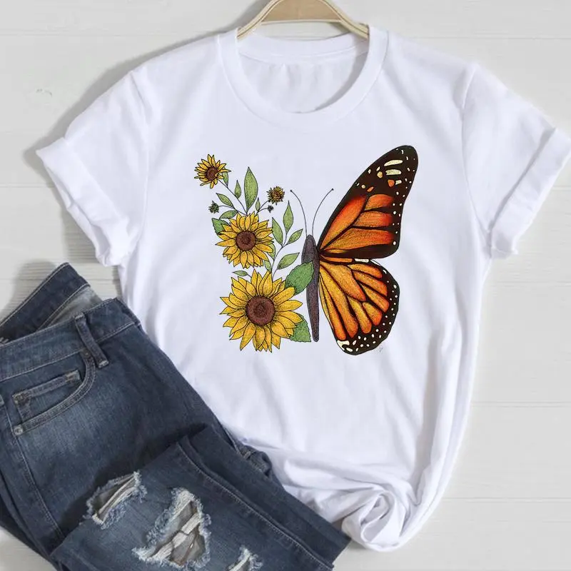 Basic Women Fashion Casual Butterfly Print Round Neck Short Sleeve T-Shirt