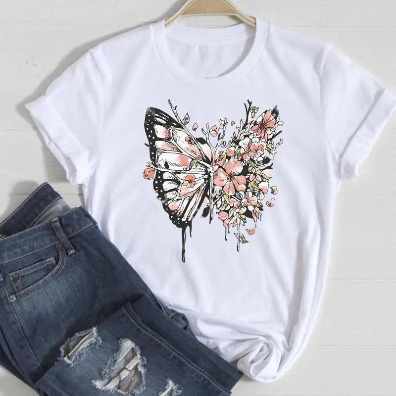 Basic Women Fashion Casual Butterfly Print Round Neck Short Sleeve T-Shirt