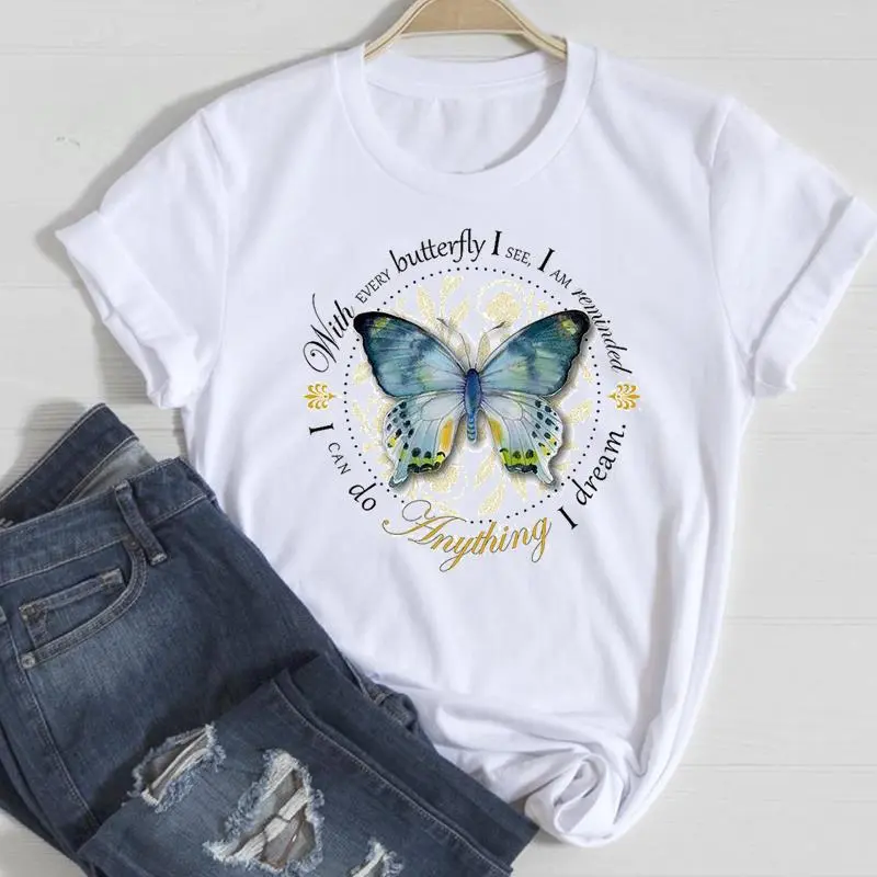 Basic Women Fashion Casual Butterfly Print Round Neck Short Sleeve T-Shirt